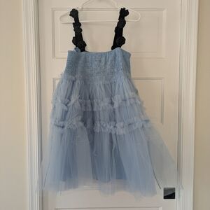 Blue Tulle Dress with Black Straps
